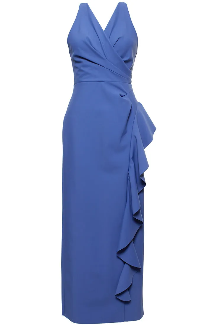 *Long Sleeveless Compression Collection Dress with Surplice Cutaway Halter Neckline and Cascade Ruffle Detail Skirt sold by Alex Evenings