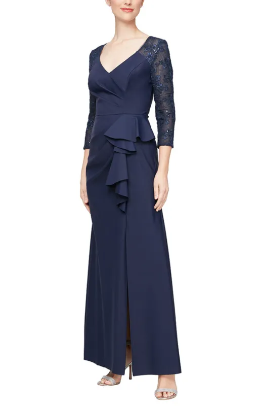 *Long V-Neck Compression Dress With Embroidered Illusion Sleeves and Front Cascade Detail sold by Alex Evenings