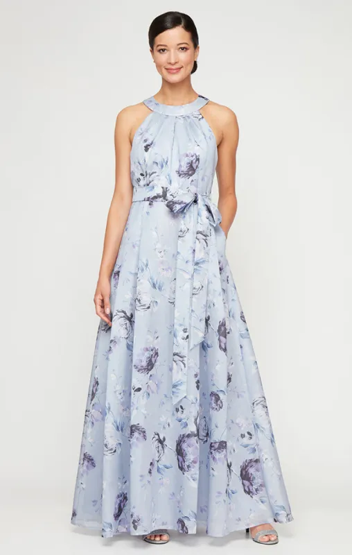 Long Printed Shimmer Organza Dress with Halter Neckline, Full Skirt and Tie Belt sold by Alex Evenings