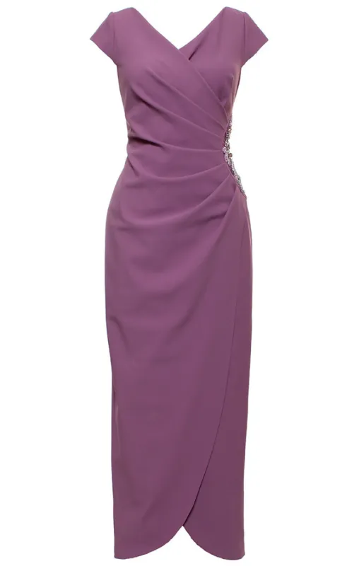 Plus Long Stretch Scuba Crepe Dress with Surplice Neckline, Embellished Sleeve Detail and Tulip Overlay Cascade Skirt sold by Alex Evenings