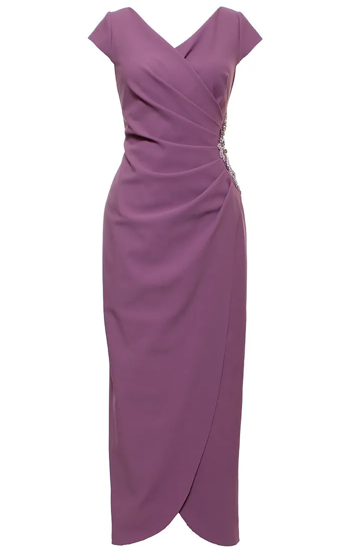 Plus Long Stretch Scuba Crepe Dress with Surplice Neckline, Embellished Sleeve Detail and Tulip Overlay Cascade Skirt sold by Alex Evenings