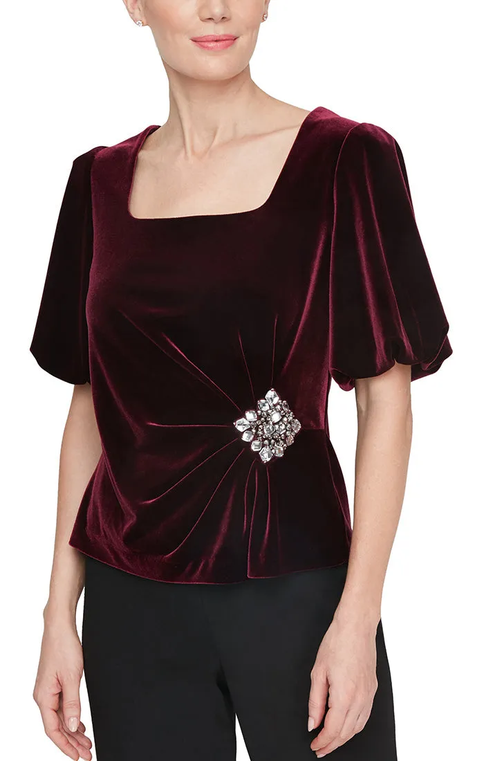 Regular - Square Neck Velvet Blouse with Puff Shoulder and Embellished Detail sold by Alex Evenings