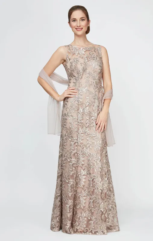 Petite Embroidered Sleeveless Dress with Sweetheart Illusion Neckline and Shawl sold by Alex Evenings
