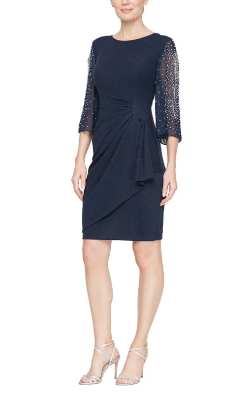 Plus - Metallic Knit Party Dress with Embellished Illusion Sleeves & Cascade Ruffle Skirt sold by Alex Evenings