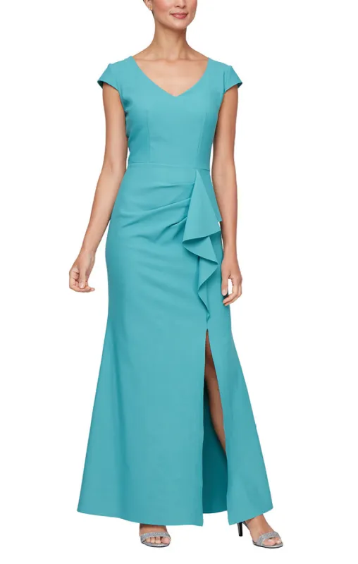 Compression V-Neck Gown with Cap Sleeves & Cascade Ruffle Skirt sold by Alex Evenings