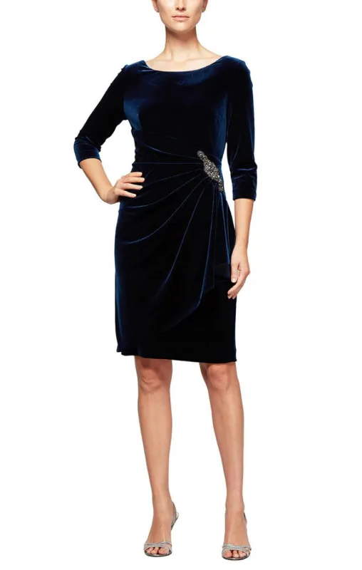 Regular - Velvet Cocktail Dress with Side Ruching, Embellishment Detail at Hip and 3/4 Sleeves sold by Alex Evenings