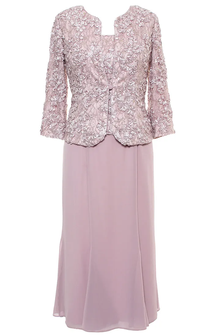 Tea Length Soutache Dress with Center Front Button Jacket and Chiffon Skirt sold by Alex Evenings
