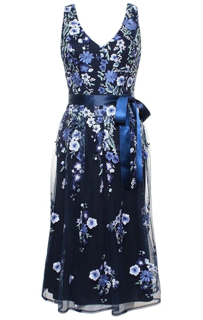 Midi V-Neck Embroidered Sleeveless Dress with Tie Belt sold by Alex Evenings