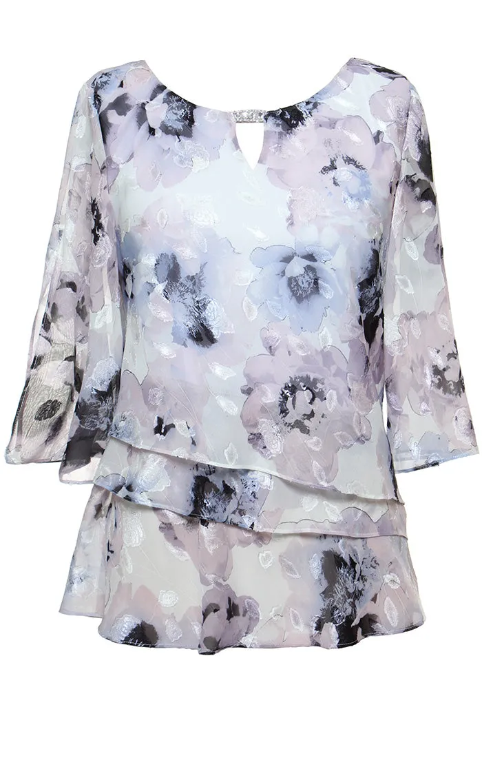 Plus Printed Chiffon Burnout Blouse with Asymmetric Tier Hem Detail and Embellished Cutout Neckline sold by Alex Evenings
