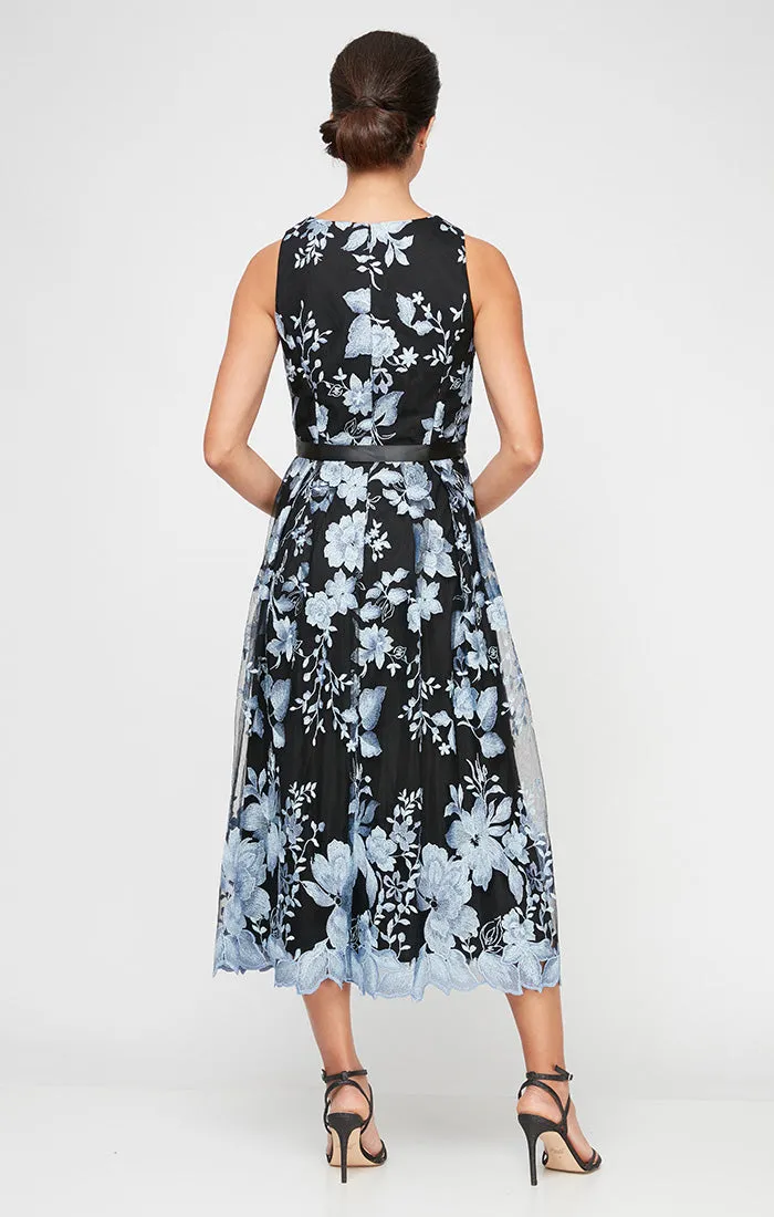 Midi Length Sleeveless Embroidered Dress With Full Skirt and Tie Belt sold by Alex Evenings product image thumbnail 5