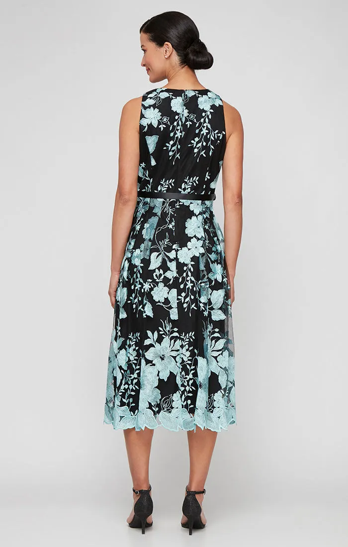 Midi Length Sleeveless Embroidered Dress With Full Skirt and Tie Belt sold by Alex Evenings product image thumbnail 2