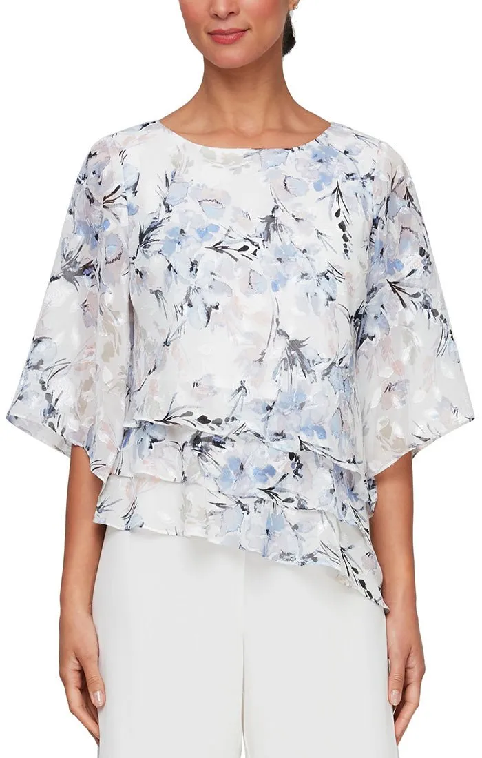 Plus - 3/4 Sleeve Printed Chiffon Asymmetric Triple Tier Hem Blouse sold by Alex Evenings