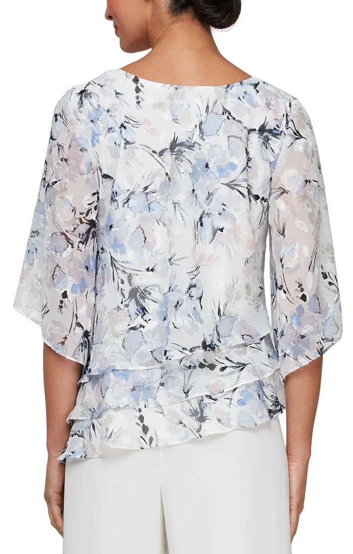 Plus - 3/4 Sleeve Printed Chiffon Asymmetric Triple Tier Hem Blouse sold by Alex Evenings product image thumbnail 2