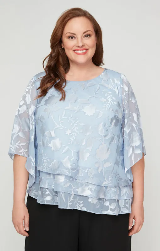 Asymmetrical Triple Tier Hem Burnout Chiffon Blouse with Illusion Sleeves sold by Alex Evenings