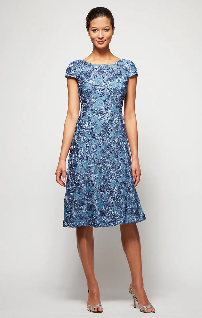 Petite Midi Cocktail Dress in Rosette Lace with Cap Sleeves sold by Alex Evenings