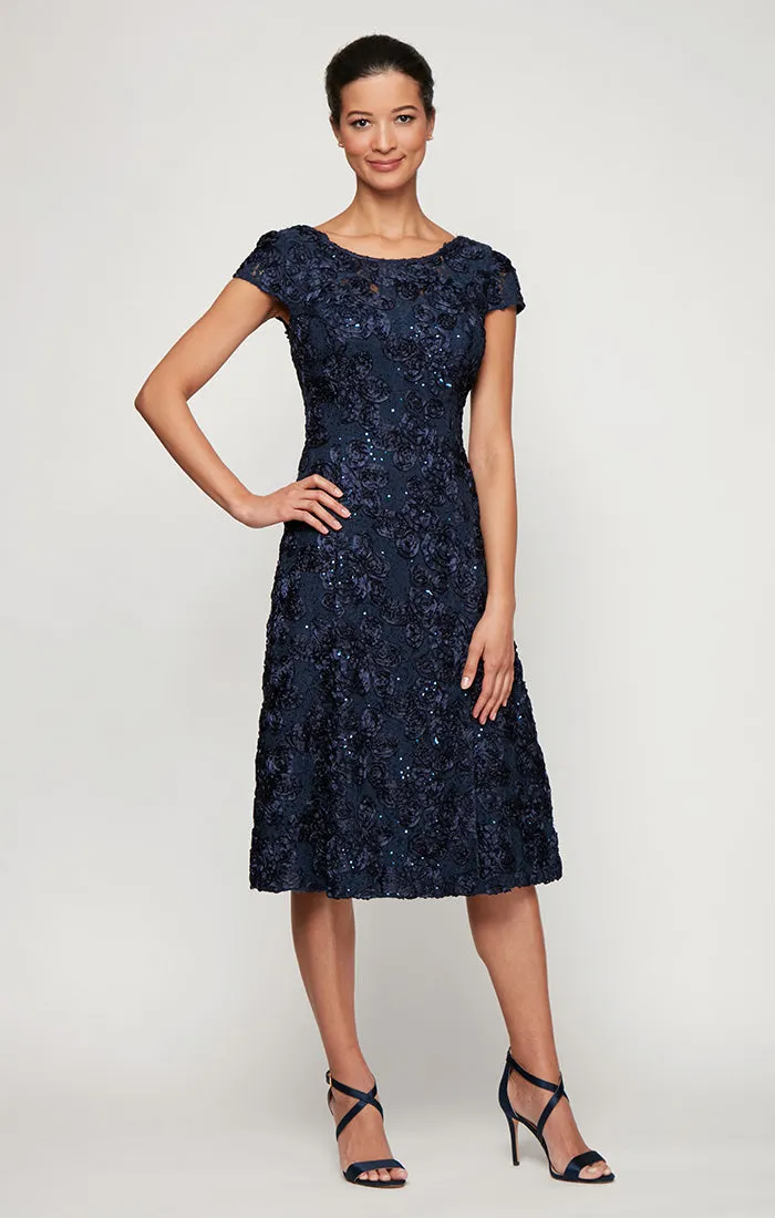 Rosette Sequin Lace Tea-Length Cocktail Dress with Cap Sleeves sold by Alex Evenings product image thumbnail 3