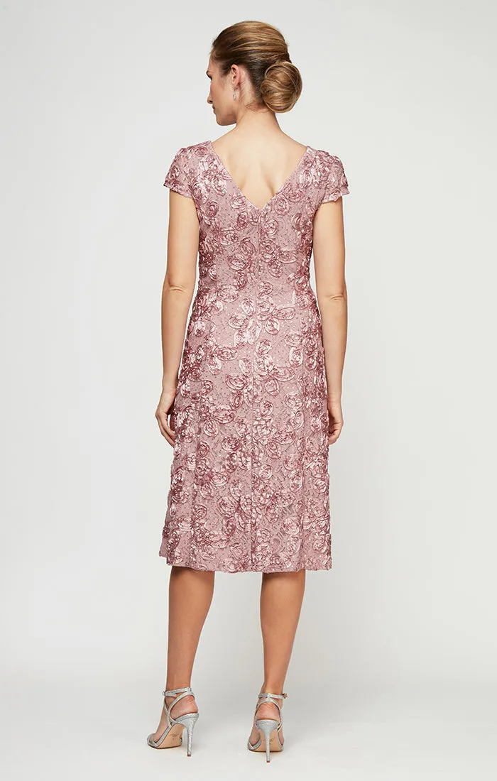 Rosette Sequin Lace Tea-Length Cocktail Dress with Cap Sleeves sold by Alex Evenings product image thumbnail 2