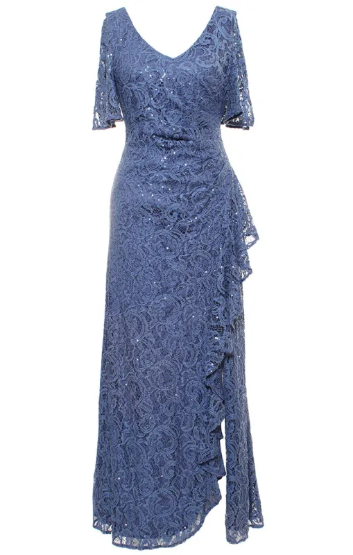 Plus Long V-Neck Stretch Sequin Lace with Cold Shoulder Sleeves and Cascade Detail Skirt sold by Alex Evenings