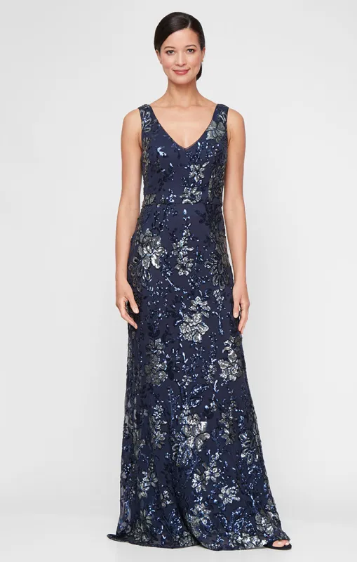 Long Sleeveless Stretch Sequin V-Neck Dress sold by Alex Evenings