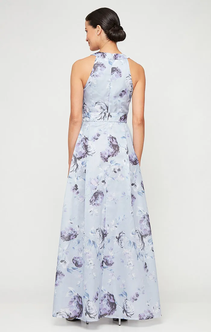 Petite Long Printed Shimmer Organza Dress with Halter Neckline, Full Skirt and Tie Belt sold by Alex Evenings product image thumbnail 2
