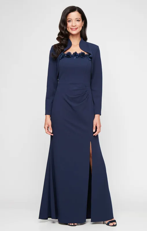 Long Stretch Crepe Bolero Jacket Dress with Flower Neckline Detail and Front Slit sold by Alex Evenings