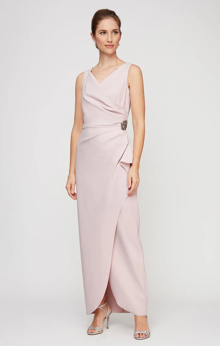 Long Sleeveless Compression Sheath Gown with Surplice Neckline, Cascade Detail Skirt and Beaded Detail at Hip sold by Alex Evenings