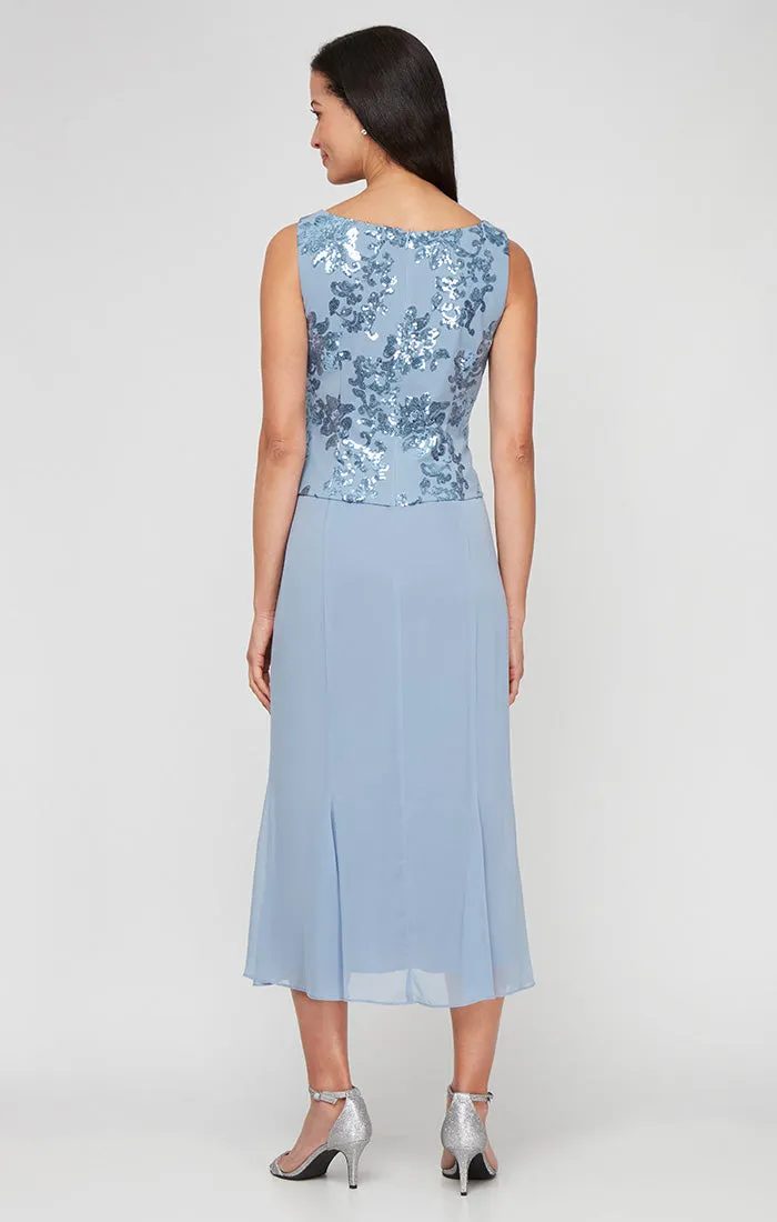 Tea Length Stretch Crepe Sequin Mock Jacket Dress with Square Neckline, Chiffon Skirt and Center Front Button Closure sold by Alex Evenings product image thumbnail 4
