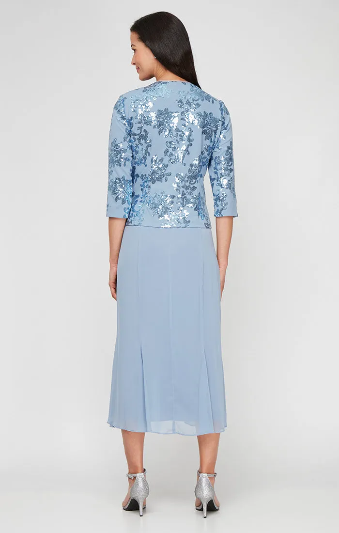 Tea Length Stretch Crepe Sequin Mock Jacket Dress with Square Neckline, Chiffon Skirt and Center Front Button Closure sold by Alex Evenings product image thumbnail 3