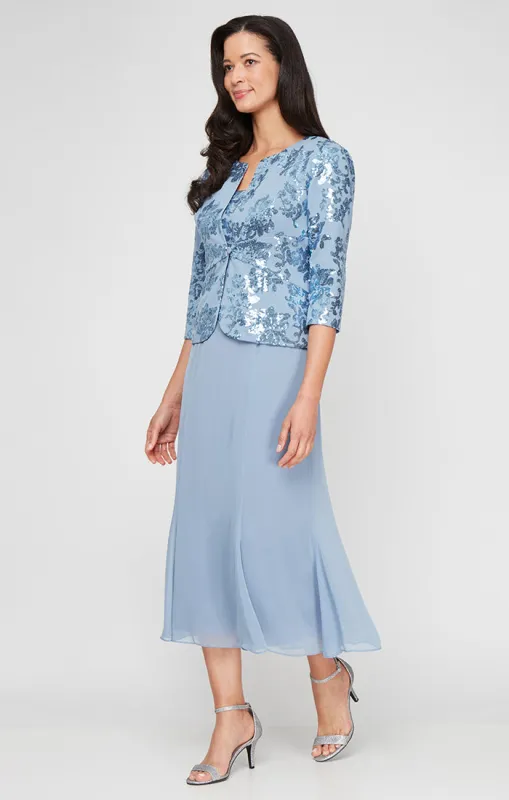 Tea Length Stretch Crepe Sequin Mock Jacket Dress with Square Neckline, Chiffon Skirt and Center Front Button Closure sold by Alex Evenings