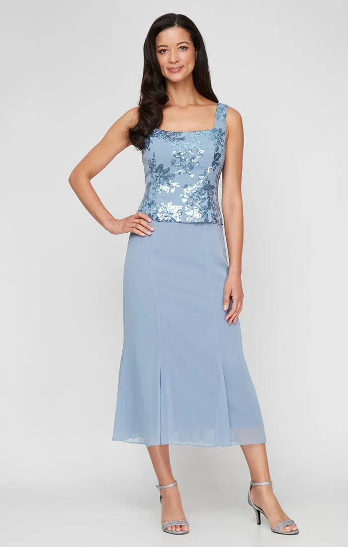 Tea Length Stretch Crepe Sequin Mock Jacket Dress with Square Neckline, Chiffon Skirt and Center Front Button Closure sold by Alex Evenings product image thumbnail 2