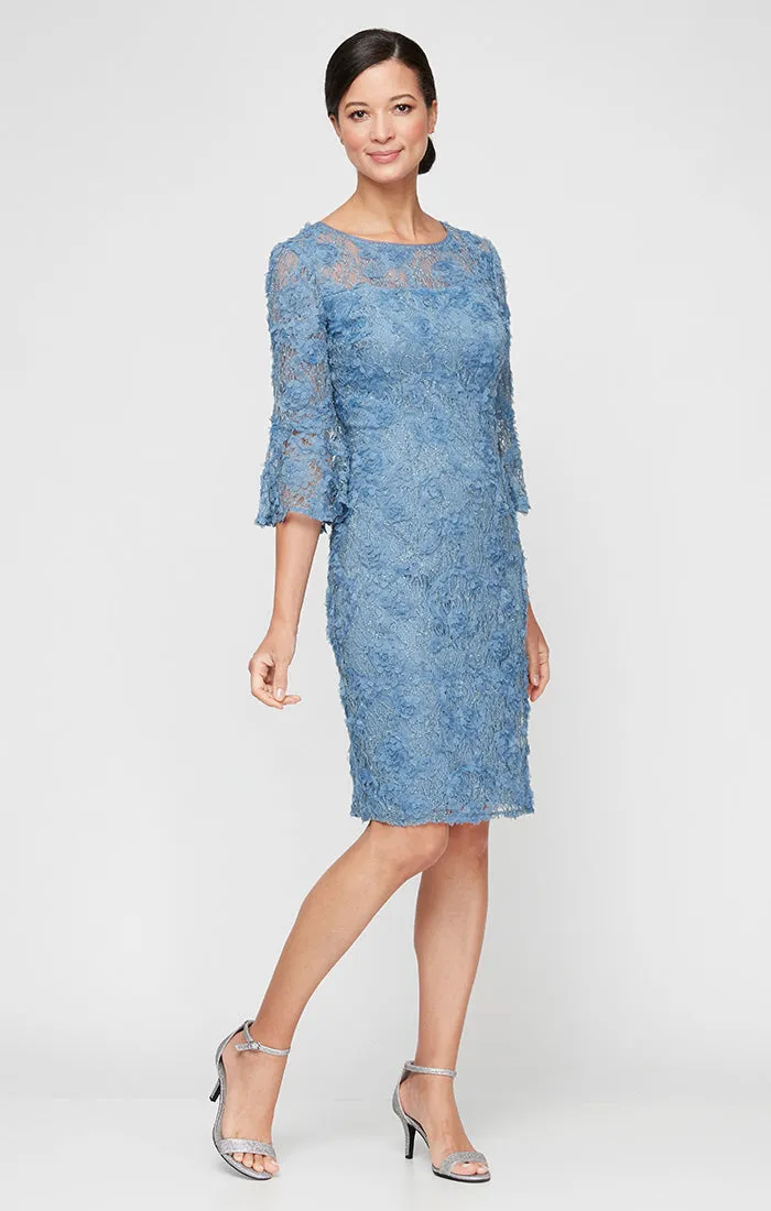 Short Flower Soutache Dress with Illusion Neckline and Bell Sleeves sold by Alex Evenings