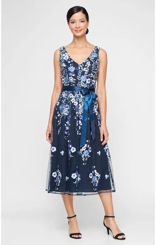 Midi V-Neck Embroidered Sleeveless Dress with Tie Belt sold by Alex Evenings