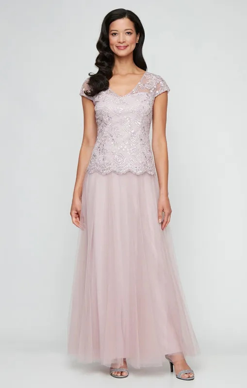 Long Embroidered Mock Dress with V-Neckline, Cap Sleeves and Full Tulle Skirt sold by Alex Evenings