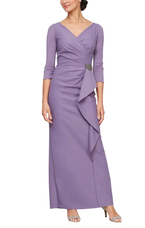 Compression Dress with Surplice Neckline, Cascade Ruffle Skirt and Embellishment at Hip sold by Alex Evenings