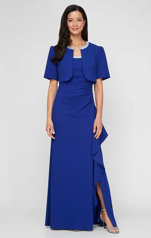 Long Stretch Crepe Bolero Jacket Dress with Embellished Square Neckline & Jacket and Cascade Ruffle Detail Skirt sold by Alex Evenings