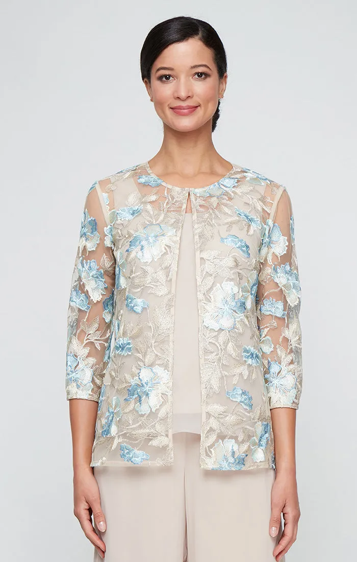 3/4 Sleeve Embroidered Twinset with Solid Chiffon Scoop Neck Tank and Hook Neck Closure Jacket sold by Alex Evenings