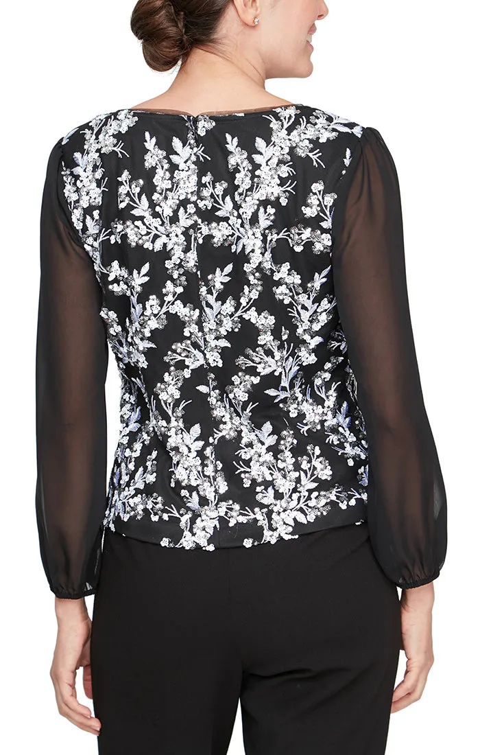 Petite - 3/4 Sleeve Embroidered Square Neck Blouse with Illusion Sleeves sold by Alex Evenings product image thumbnail 2