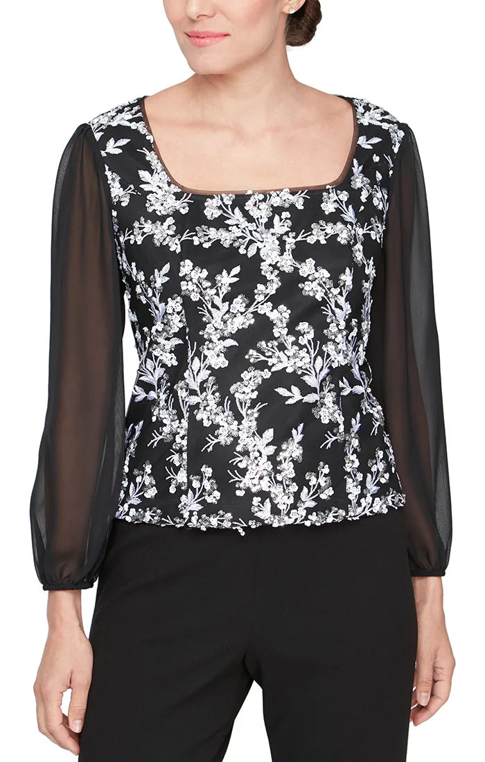 Petite - 3/4 Sleeve Embroidered Square Neck Blouse with Illusion Sleeves sold by Alex Evenings