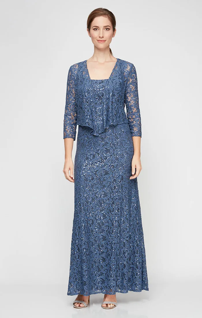 Regular - Sequin Lace Long A-Line Dress with 3/4 Sleeve Illusion Jacket sold by Alex Evenings