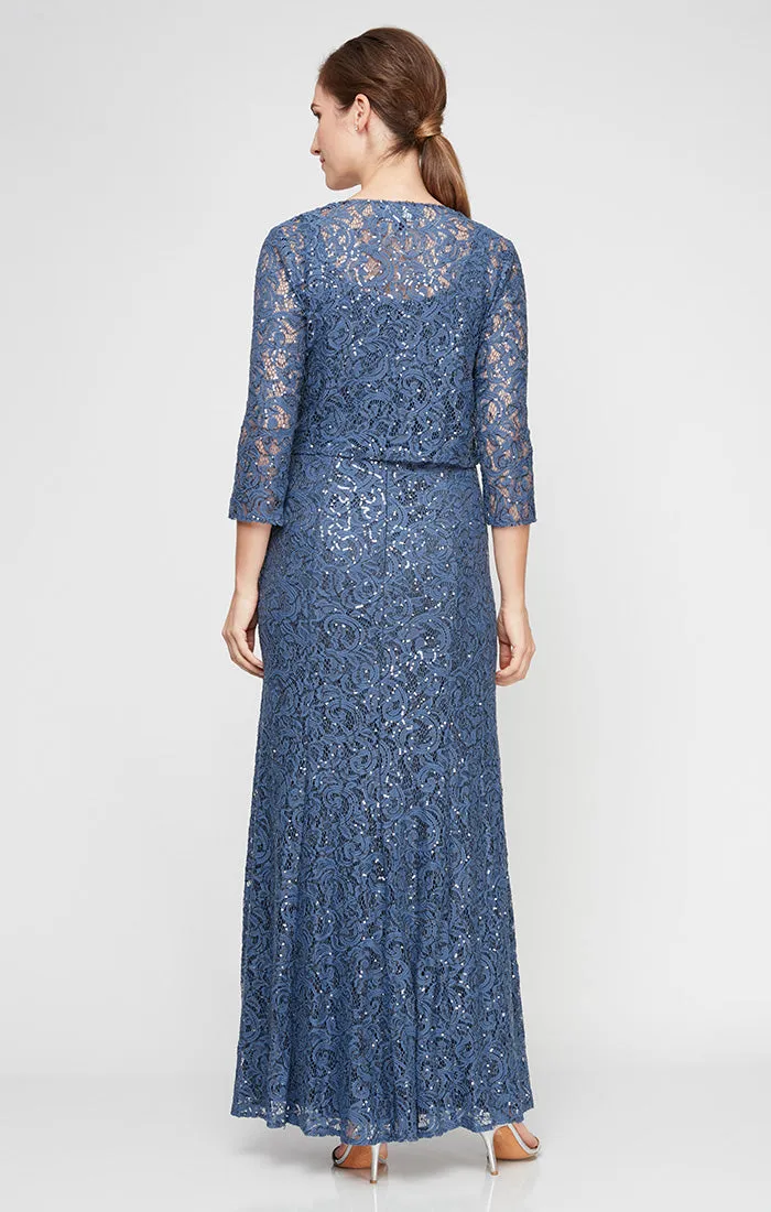 Regular - Sequin Lace Long A-Line Dress with 3/4 Sleeve Illusion Jacket sold by Alex Evenings product image thumbnail 3