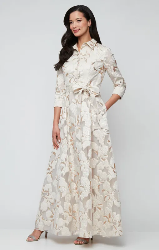 Long Jacquard Ballgown with Center Front Button Bodice, Collar Detail and Tie Waist sold by Alex Evenings