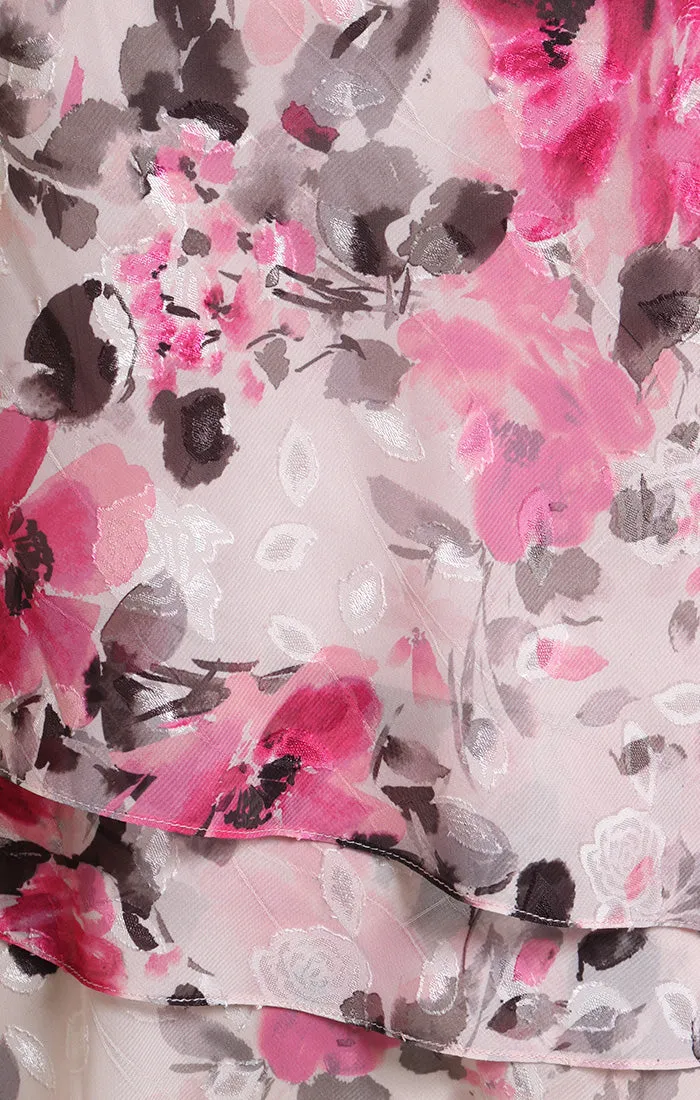 Petite 3/4 Sleeve Printed Chiffon Burnout Blouse with Bell Sleeves and Asymmetric Triple Tier Hem sold by Alex Evenings product image thumbnail 3