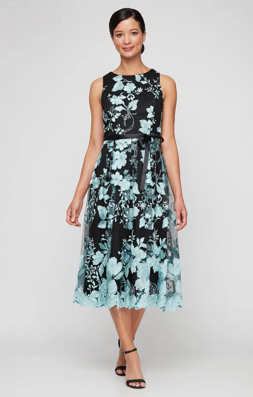 Sleeveless Embroidered Party Dress with Full Skirt & Satin Tie Belt sold by Alex Evenings