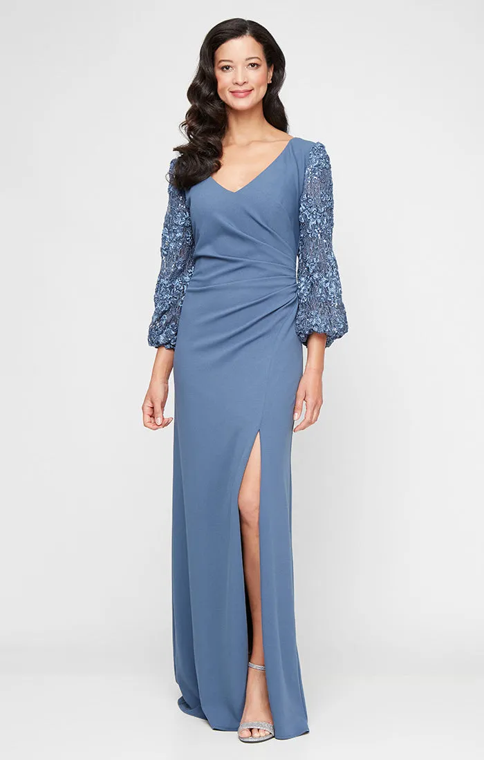 Long Stretch Crepe V-Neck Dress with Soutache Illusion Sleeves and Front Slit sold by Alex Evenings