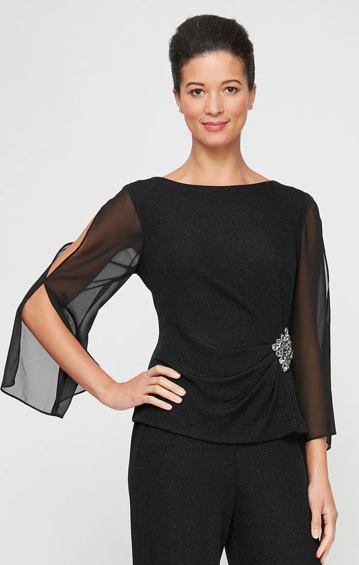 3/4 Sleeve Metallic Knit Blouse with Beaded Detail at Hip & Chiffon Sleeves sold by Alex Evenings
