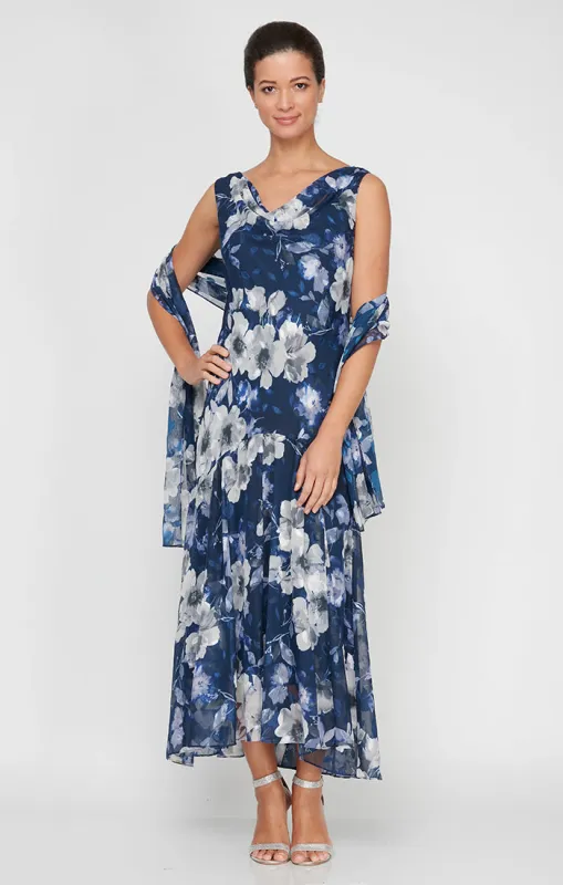 Tea-Length Sleeveless Printed Cowl Neck Dress with Flounce Hem and Shawl sold by Alex Evenings