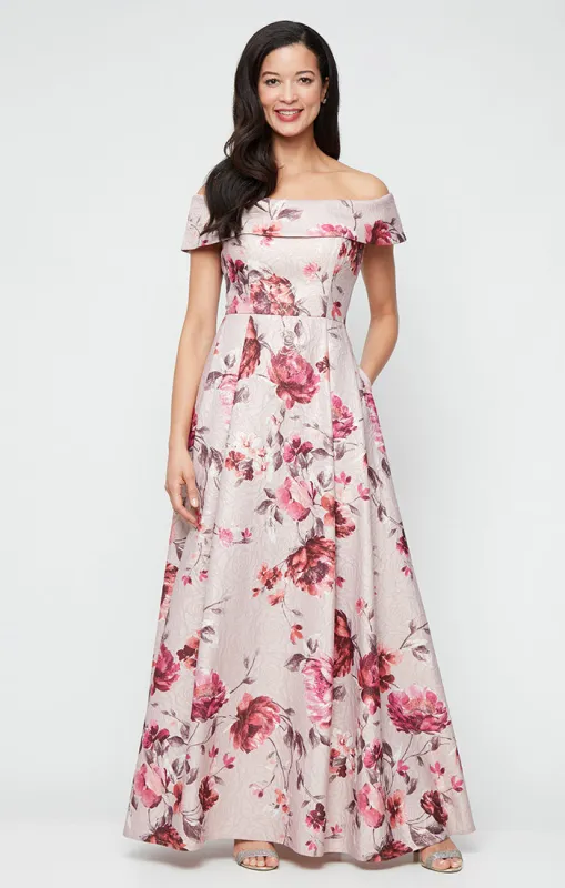 Long Printed Foil Jacquard Off-the-Shoulder Ballgown sold by Alex Evenings