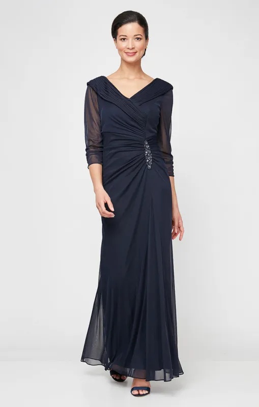 Petite Long Portrait Collar Dress With Embellished Detail at Hip and Ruched Skirt Detail sold by Alex Evenings