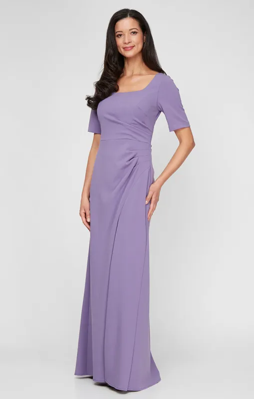 Long Stretch Crepe Dress with Square Neckline, Elbow Sleeves and Front Slit sold by Alex Evenings