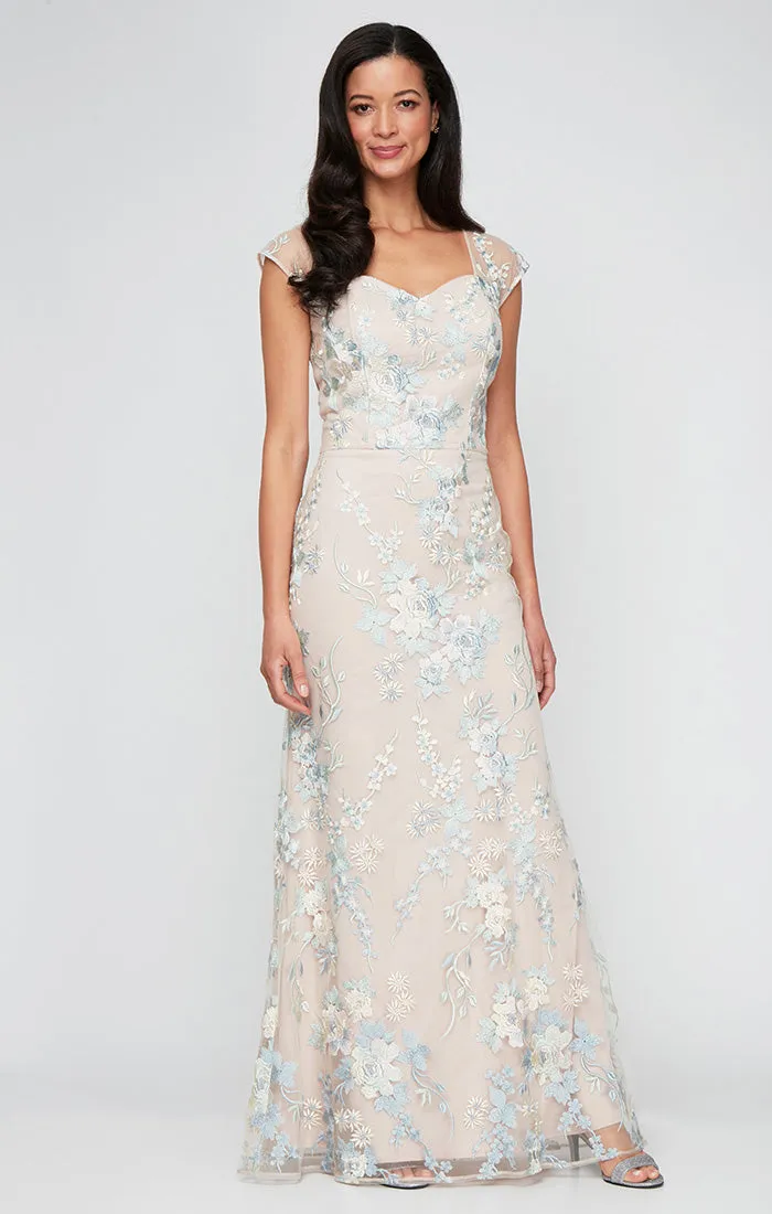 Long Embroidered Mermaid Dress with Sweetheart Neckline and Illusion Straps sold by Alex Evenings